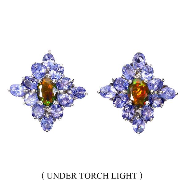 SUPRB TANZANITE AND BLACK OPAL EARRINGS IN 14K WHITE PLATED GOLD OVER 925 STERLING SILVER - APPRAISE