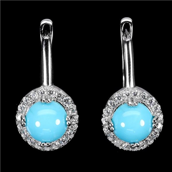 6 mm ROUND CUT TURQUOISE EARRINGS IN 14K WHITE PLATED GOLD OVER 925 STERLING SILVER - APPRAISED REPL