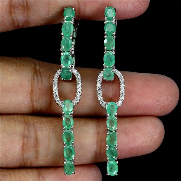HIGH CLARITY EMERALD AND CZ EARRINGS IN 14K WHITE PLATED GOLD OVER 925 STERLING SILVER - APPRAISED R