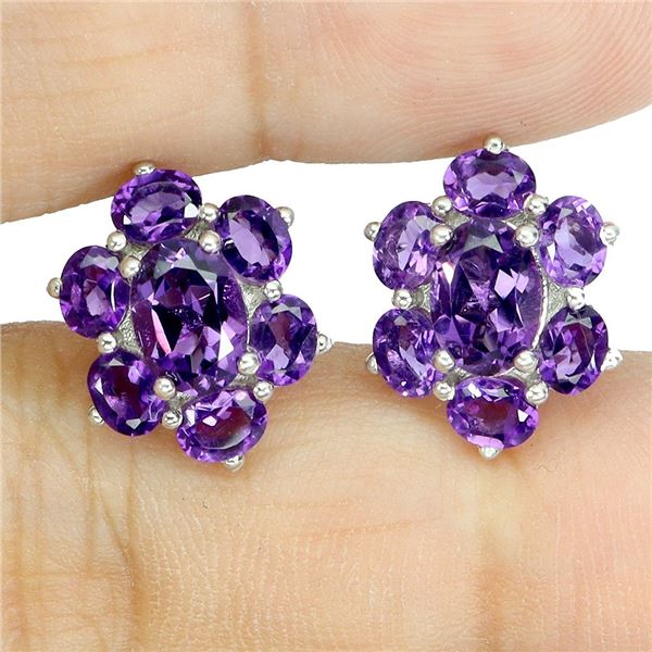 7X5 mm OVAL AMETHYST EARRINGS IN 14K WHITE PLATED GOLD OVER 925 STERLING SILVER - APPRAISED REPLACEM