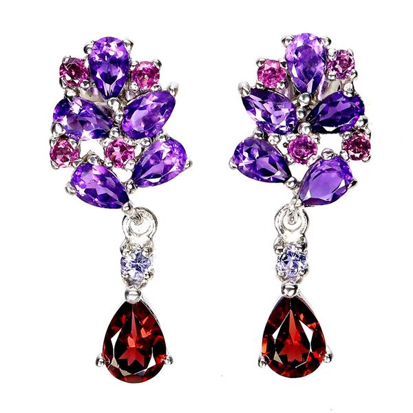 AMETHYST, MOZAMBIQUE GARNET, TANZANITE AND RHODOLITE GARNET EARRINGS IN 14K WHITE PLATED GOLD OVER 9
