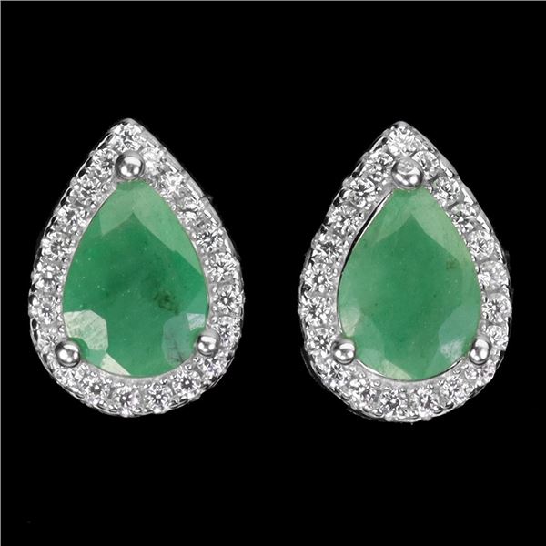 7X5 mm PEAR CUT EMERALD AND CZ EARRINGS IN 14K WHITE PLATED GOLD OVER 925 STERLING SILVER - APPRAISE
