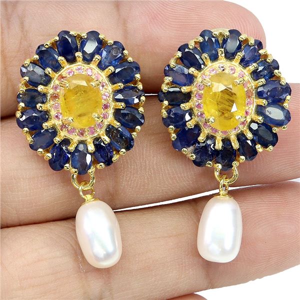 HIGH END 5X3 mm YELLOW SAPPHIRE, BLUE SAPPHIRE, RUBY AND PEARL EARRINGS IN 14K YELLOW PLATED GOLD OV