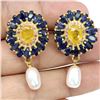 Image 1 : HIGH END 5X3 mm YELLOW SAPPHIRE, BLUE SAPPHIRE, RUBY AND PEARL EARRINGS IN 14K YELLOW PLATED GOLD OV