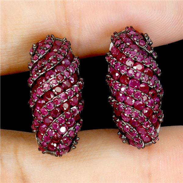 MYANMAR RUBY DIAMOND CUT EARRINGS IN 2-TONE BLACK RHODIUM AND 14K WHITE PLATED GOLD OVER 925 STERLIN
