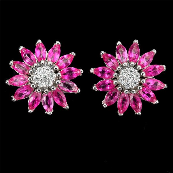 MARQUISE CUT PINK TOPAZ SUNFLOWER EARRINGS IN 14K WHITE PLATED GOLD OVER 925 STERLING SILVER - APPRA