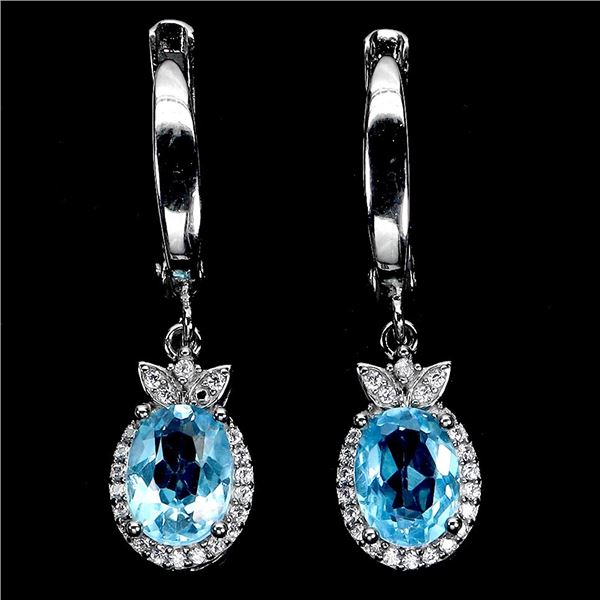 8X6 mm SWISS BLUE TOPAZ AND CZ EARRINGS IN 14K WHITE PLATED GOLD OVER 925 STERLING SILVER - APPRAISE