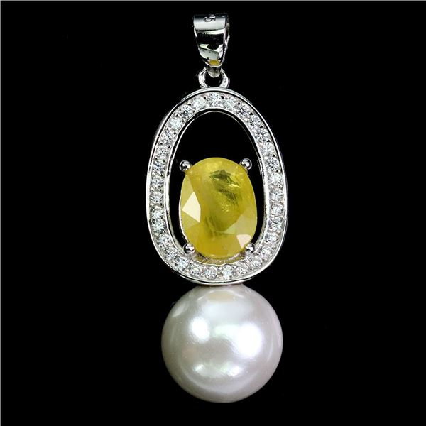 BIG 8X6 mm YELLOW SAPPHIRE AND PEARL IN 14K WHITE PLATED GOLD OVER 925 STERLING SILVER - APPRAISED R
