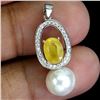 Image 2 : BIG 8X6 mm YELLOW SAPPHIRE AND PEARL IN 14K WHITE PLATED GOLD OVER 925 STERLING SILVER - APPRAISED R
