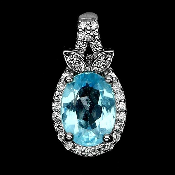 8X6 mm OVAL CUT SWISS BLUE TOPAZ AND CZ PENDANT IN 14K WHITE PLATED GOLD OVER 925 STERLING SILVER - 