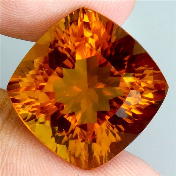 EXCEPTIONAL 20.33 CARATS CUSHION CUT NATURAL UNHEATED ORANGE-YELLOW CITRINE 17 mm - APPRAISED REPLAC