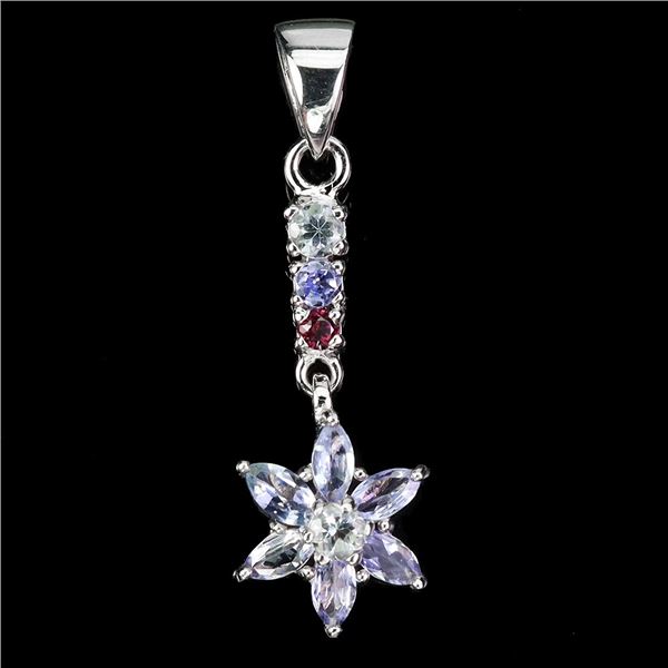 TANZANITE, AQUAMARINE AND RHODOLITE GARNET PENDANT IN 14K WHITE PLATED GOLD OVER 925 STERLING SILVER