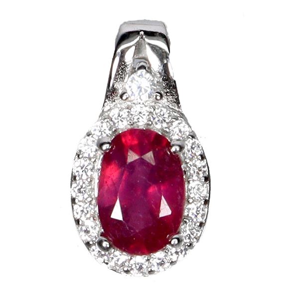 7X5 mm NATURAL RUBY AND CZ PENDANT IN 14K WHITE PLATED GOLD OVER 925 STERLING SILVER - APPRAISED REP