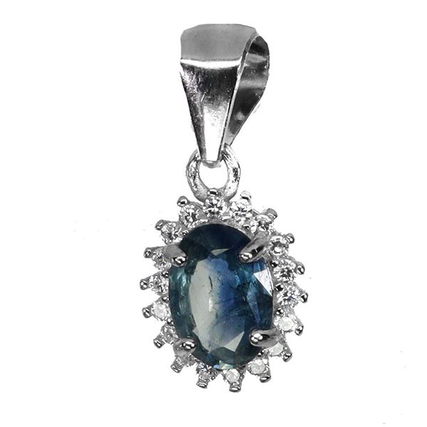 7X5 mm OVAL BLUE SAPPHIRE PENDANT IN 14K WHITE PLATED GOLD OVER 925 STERLING SILVER - APPRAISED REPL