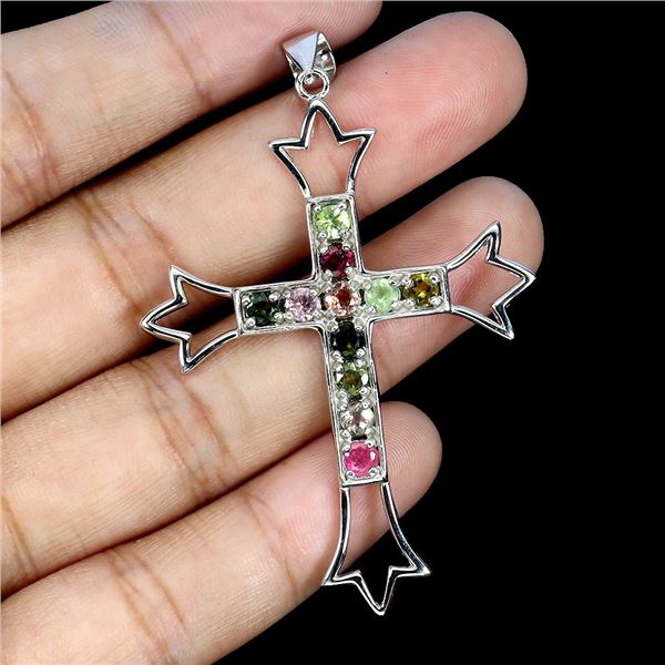 MULTI-COLORED TOURMALINE CROSS SHAPPED PENDANT IN 14K YELLOW PLATED GOLD OVER 925 STERLING SILVER - 