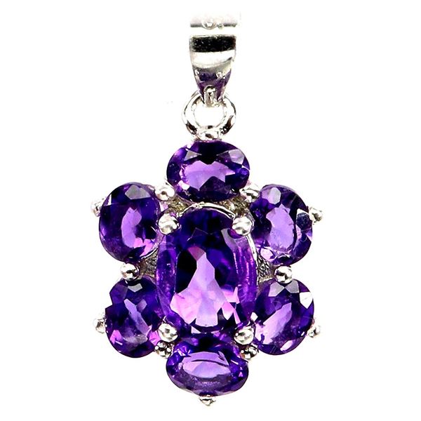 7X5 mm OVAL AMETHYST FLOWER SHAPPED PENDANT IN 14K WHITE PLATED GOLD OVER 925 STERLING SILVER -APPRA