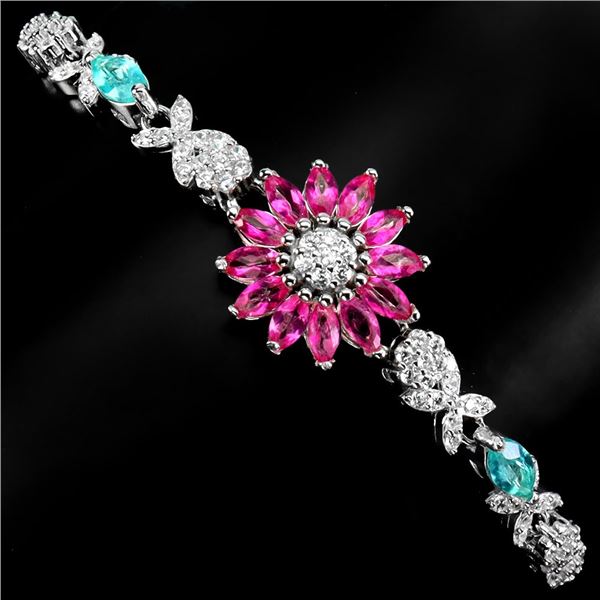 MARQUISE CUT PINK TOPAZ AND PARAIBA BLUE TOPAZ BRACELET IN 14K WHITE PLATED GOLD OVER 925 STERLING S