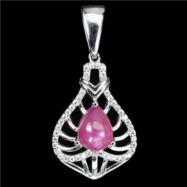 BIG 9X7 mm PEAR CUT RUBY CABOCHON AND CZ PENDANT IN 14K WHITE PLATED GOLD OVER 925 STERLING SILVER -