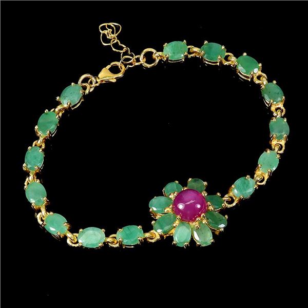 SUPERB 8 mm OVAL CUT EMERALD AND BIG ROUND RUBY BRACELET IN 14K YELLOW GOLD PLATED OVER 925 STERLING