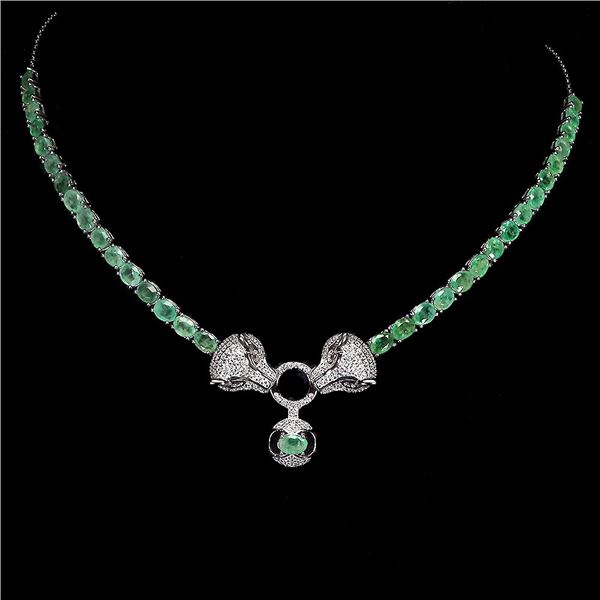 VALUABLE GOOD CLARITY EMERALD TIGER HEAD NECKLACE IN 14K WHITE GOLD PLATED OVER 925 STERLING SILVER 