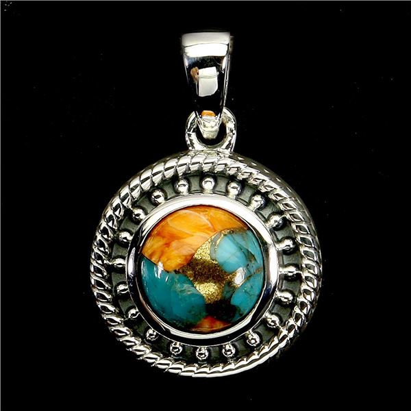 8mm ROUND KINGMAN TURQUOISE PENDANT IN 14K WHITE GOLD PLATED OVER 925 STERLING SILVER - APPRAISED RE