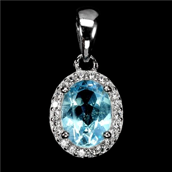 8X6 mm SWISS BLUE TOPAZ AND CZ PENDANT IN 14K WHITE GOLD PLATED OVER 925 STERLING SILVER - APPRAISED