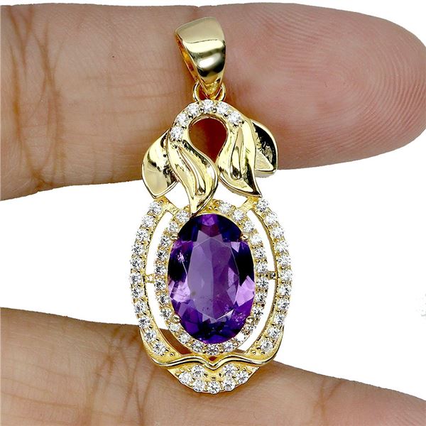 BIG 12X8 mm OVAL AMETHYST AND CZ IN 14K YELLOW GOLD PLATED OVER 925 STERLING SILVER - APPRAISED REPL