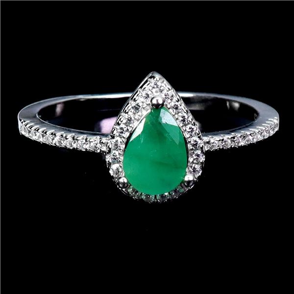 7X5 mm PEAR EMERALD AND CZ RING IN 14K WHITE GOLD PLATED OVER 925 STERLING SILVER - SIZE 7 - APPRAIS