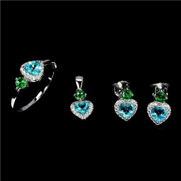 HEART SHAPPED PARAIBA BLUE JEWELLERY SET - EARRINGS, RING, PENDANT IN 14K WHITE GOLD PLATED OVER 925