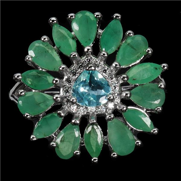 PEAR CUT EMEERALD AND APATITE RING IN 14K WHITE GOLD PLATED OVER 925 STERLING SILVER - SIZE 8 - APPR