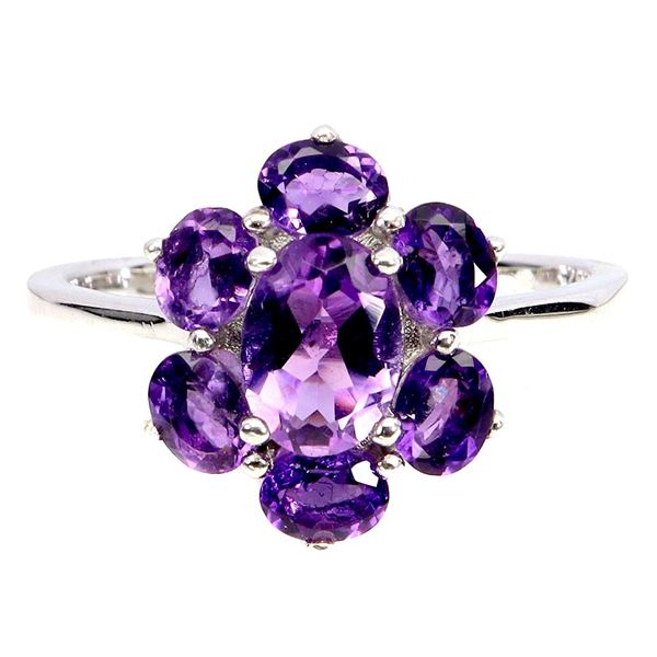 7X5 mm OVAL AMETHYST FLOWER SHAPPED RING IN 14K WHITE GOLD PLATED OVER 925 STERLING SILVER - SIZE 7 