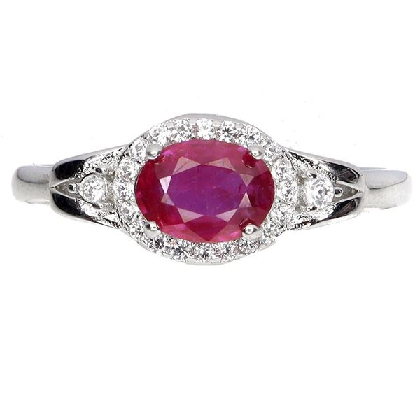 7X5 mm RUBY AND CZ RING IN 14K WHITE GOLD PLATED OVER 925 STERLING SILVER - SIZE 7 - APPRAISED REPLA