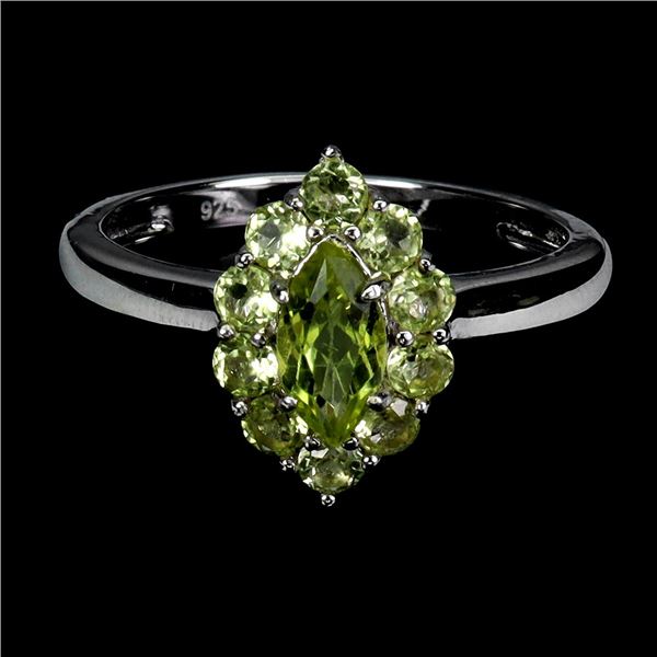 RICH MARQUISE CUT PERIDOT RING IN 14K WHITE GOLD PLATED OVER 925 STERLING SILVER - SIZE 8 - APPRAISE