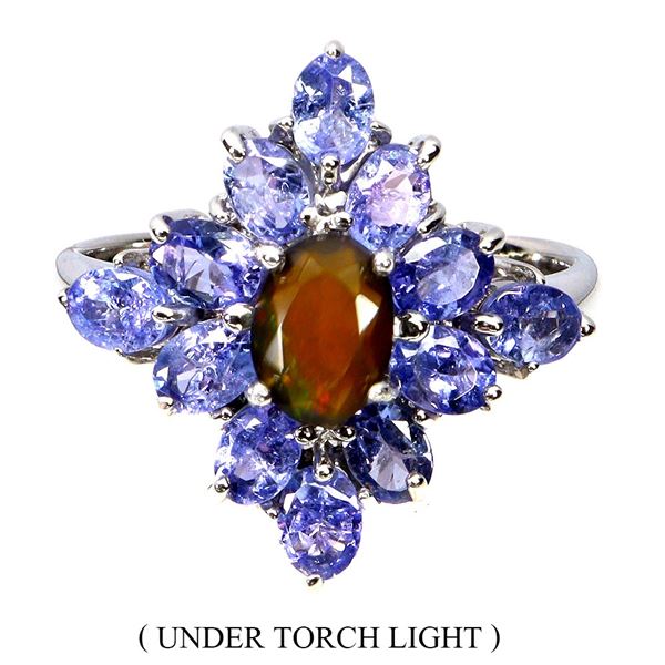 7X5 mm BLACK OPAL AND TANZANITE IN 14K WHITE GOLD PLATED OVER 925 STERLING SILVER - SIZE 8 - APPRAIS