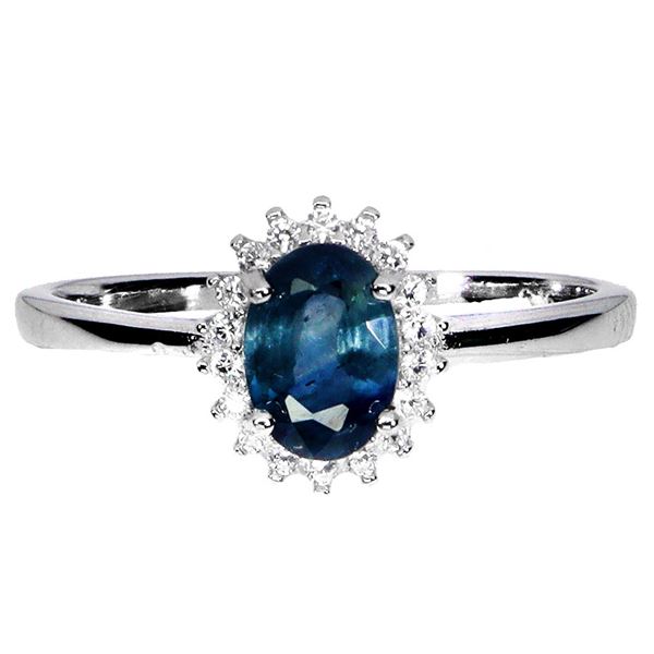 7X5 mm OVAL BLUE SAPPHIRE AND CZ RING IN 14K WHITE GOLD PLATED OVER 925 STERLING SILVER - SIZE 6 - A