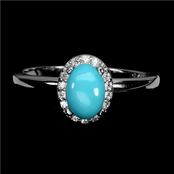 7X5 mm OVAL TURQUOISE RINGIN 14K WHITE GOLD PLATED OVER 925 STERLING SILVER - SIZE 7 - APPRAISED REP