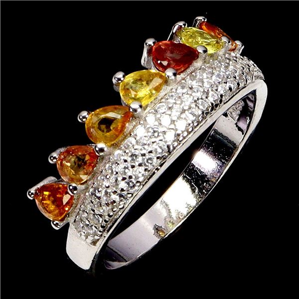 PEAR CUT 4X3 mm SAPPHIRE RINGIN 14K WHITE GOLD PLATED OVER 925 STERLING SILVER - SIZE 8 - APPRAISED 