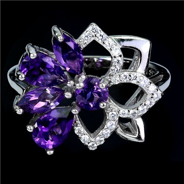 6X4 mm PEAR AMETHYST RINGIN 14K WHITE GOLD PLATED OVER 925 STERLING SILVER - SIZE 6.5 - APPRAISED RE