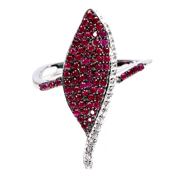 MYANMAR RUBY DIAMOND CUT AND WHITE TOPAZ RING IN 14K WHITE GOLD PLATED OVER 925 STERLING SILVER - SI