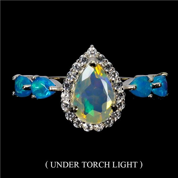 BIG 9X6 mm PEAR CUT FIRE OPAL AND BLUE OPAL RING IN 14K WHITE GOLD PLATED OVER 925 STERLING SILVER -