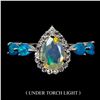 Image 1 : BIG 9X6 mm PEAR CUT FIRE OPAL AND BLUE OPAL RING IN 14K WHITE GOLD PLATED OVER 925 STERLING SILVER -