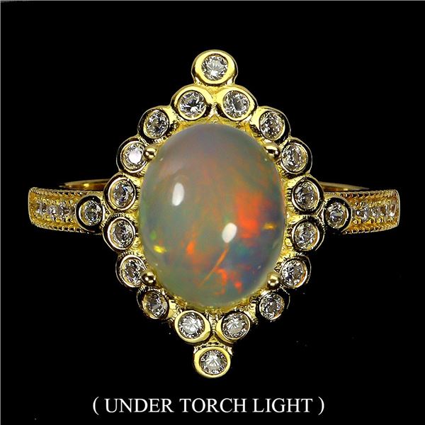 HUGE 10X8 mm FIRE OPAL RING IN 14K YELLOW GOLD PLATED OVER 925 STERLING SILVER - SIZE 8 - APPRAISED 