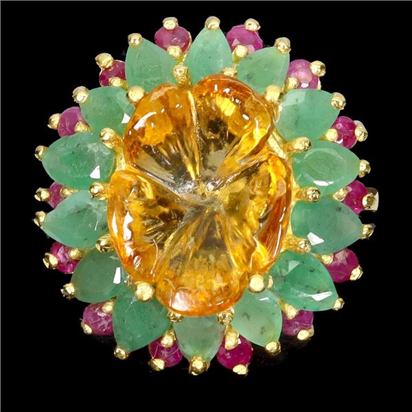HUGE 14X10 FLOWER CARVED CITRINE, EMERALD AND RUBY RING IN 14K YELLOW GOLD PLATED OVER 925 STERLING 