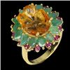 Image 2 : HUGE 14X10 FLOWER CARVED CITRINE, EMERALD AND RUBY RING IN 14K YELLOW GOLD PLATED OVER 925 STERLING 