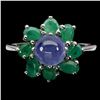 Image 1 : 7 mm ROUND TANZANITE AND EMERALD RING IN 14K WHITE GOLD PLATED OVER 925 STERLING SILVER - SIZE 9 - A