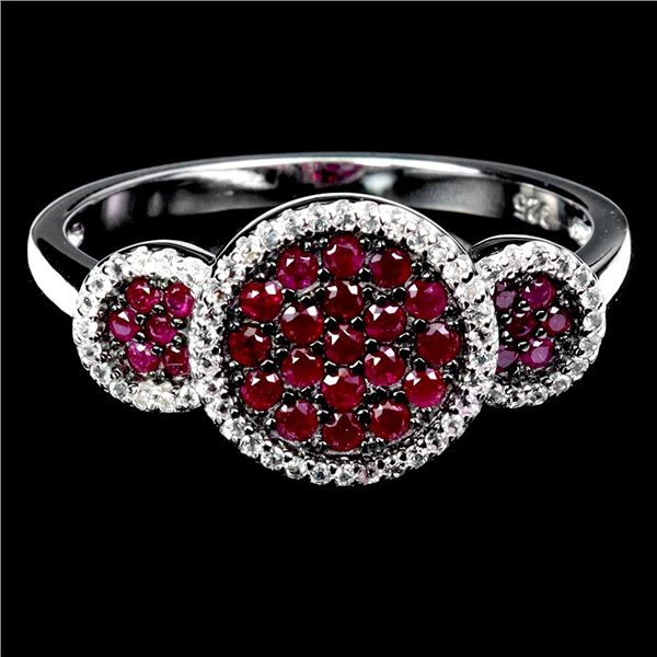 MYANMAR RUBY DIAMOND CUT AND WHITE TOPAZ RING IN 2-TONE BLACK RHODIUM AND 14K WHITE GOLD PLATED OVER