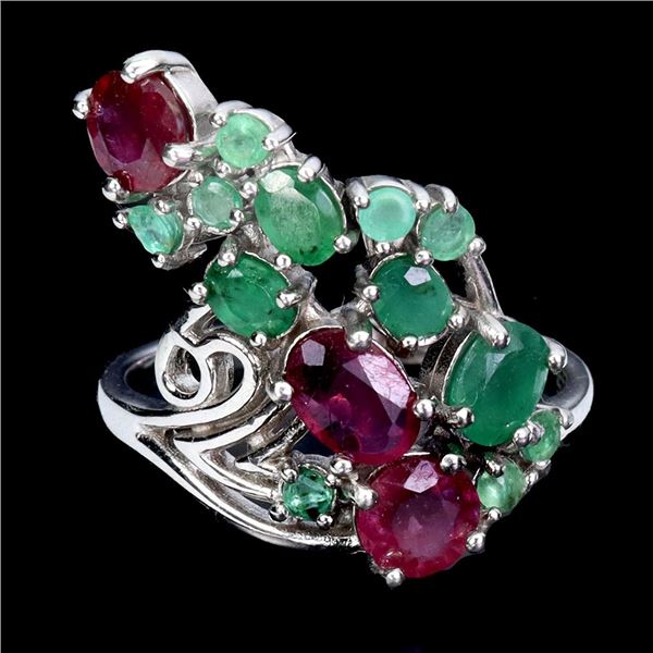 SOPHISTICATED 5X4 mm EMERALD AND RUBY RING IN 14K WHITE GOLD PLATED OVER 925 STERLING SILVER - SIZE 