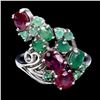 Image 1 : SOPHISTICATED 5X4 mm EMERALD AND RUBY RING IN 14K WHITE GOLD PLATED OVER 925 STERLING SILVER - SIZE 