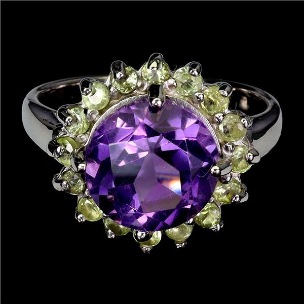 BIG 10 mm ROUND CUT AMETHYST AND PERIDOT RING IN 14K WHITE GOLD PLATED OVER 925 STERLING SILVER - SI