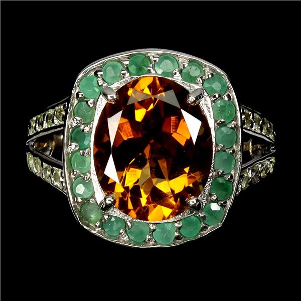 LUXURY BIG 12X10 mm OVAL CITRIN, EMERALD AND PERIDOT RING IN 14K WHITE GOLD PLATED OVER 925 STERLING